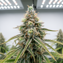 Lade das Bild in den Galerie-Viewer, Blue Amnesia AUTO Close-up - Sativa-dominante Autoflower-Buds mit hellgrüner Haze-Färbung und blauen Akzenten im Grow-Room
